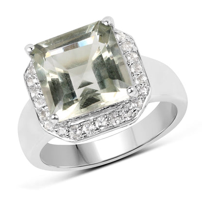 4.52 Carat Genuine Green Amethyst and White Topaz .925 Sterling Silver Ring