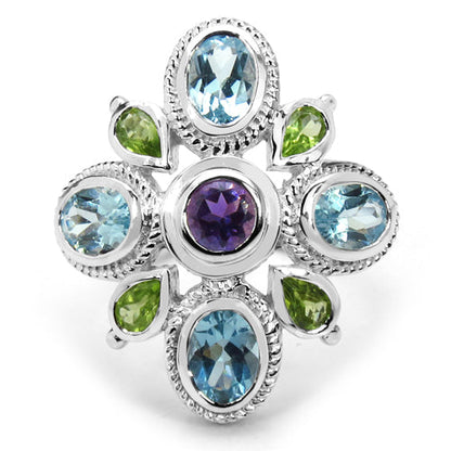 5.13 Carat Genuine Amethyst , Blue Topaz & Peridot .925 Sterling Silver Ring