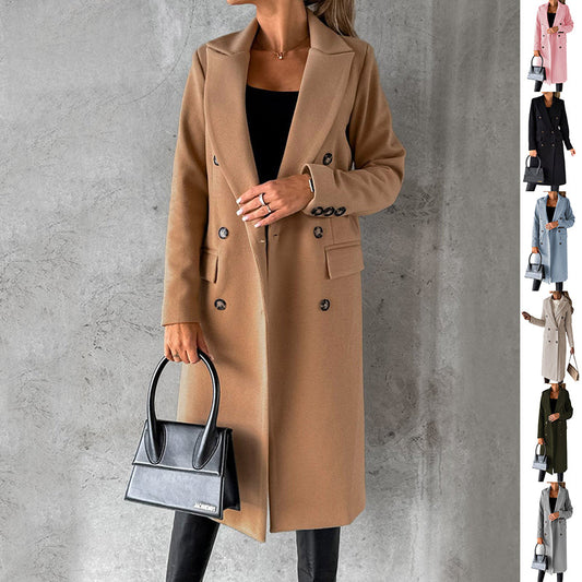 Abrigo de solapa cruzado Moda de invierno Sólido Delgado Chaqueta larga Mangas largas Ropa de mujer