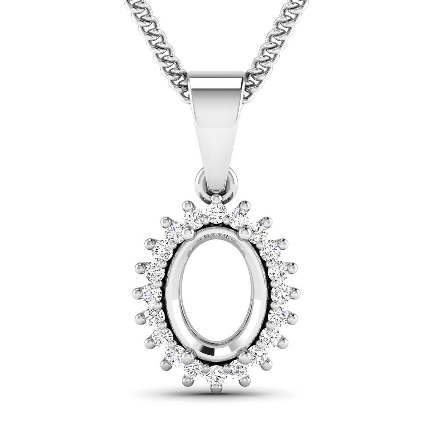 0.13 Carat Genuine White Diamond 14K White Gold Semi Mount Pendant - holds 8x6mm Oval Gemstone