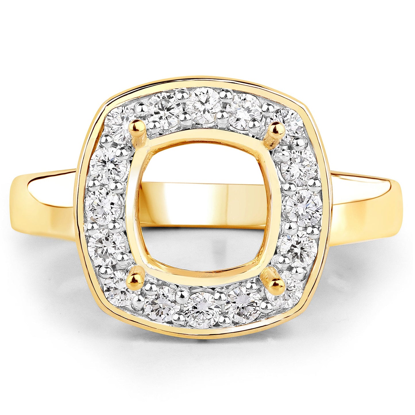 0.48 Carat Genuine White Diamond 14K Yellow Gold Semi Mount Ring - holds 8x8mm Cushion Gemstone