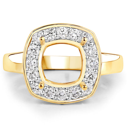 0.48 Carat Genuine White Diamond 14K Yellow Gold Semi Mount Ring - holds 8x8mm Cushion Gemstone