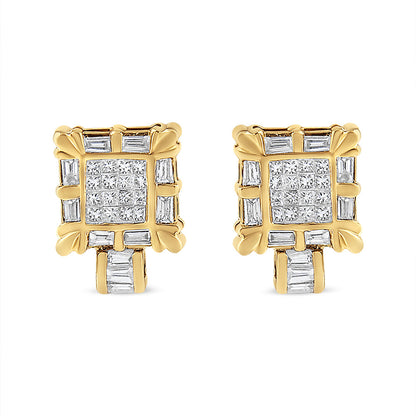 14K Yellow Gold 7/8 Cttw Princess and Baguette-Cut Diamond Square Framed Huggie Hoop Omega Earrings (H-I Color, SI1-SI2 Clarity)