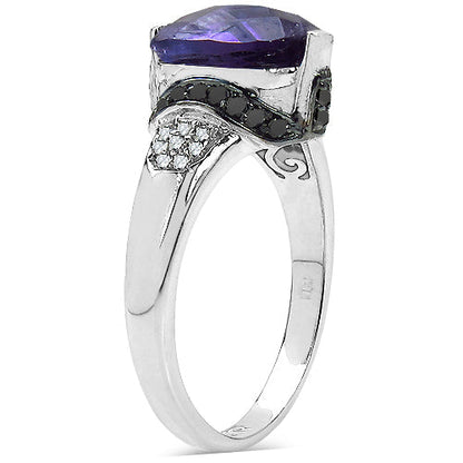 3.71 Carat Genuine Amethyst, Black Diamond & White Diamond .925 Sterling Silver Ring