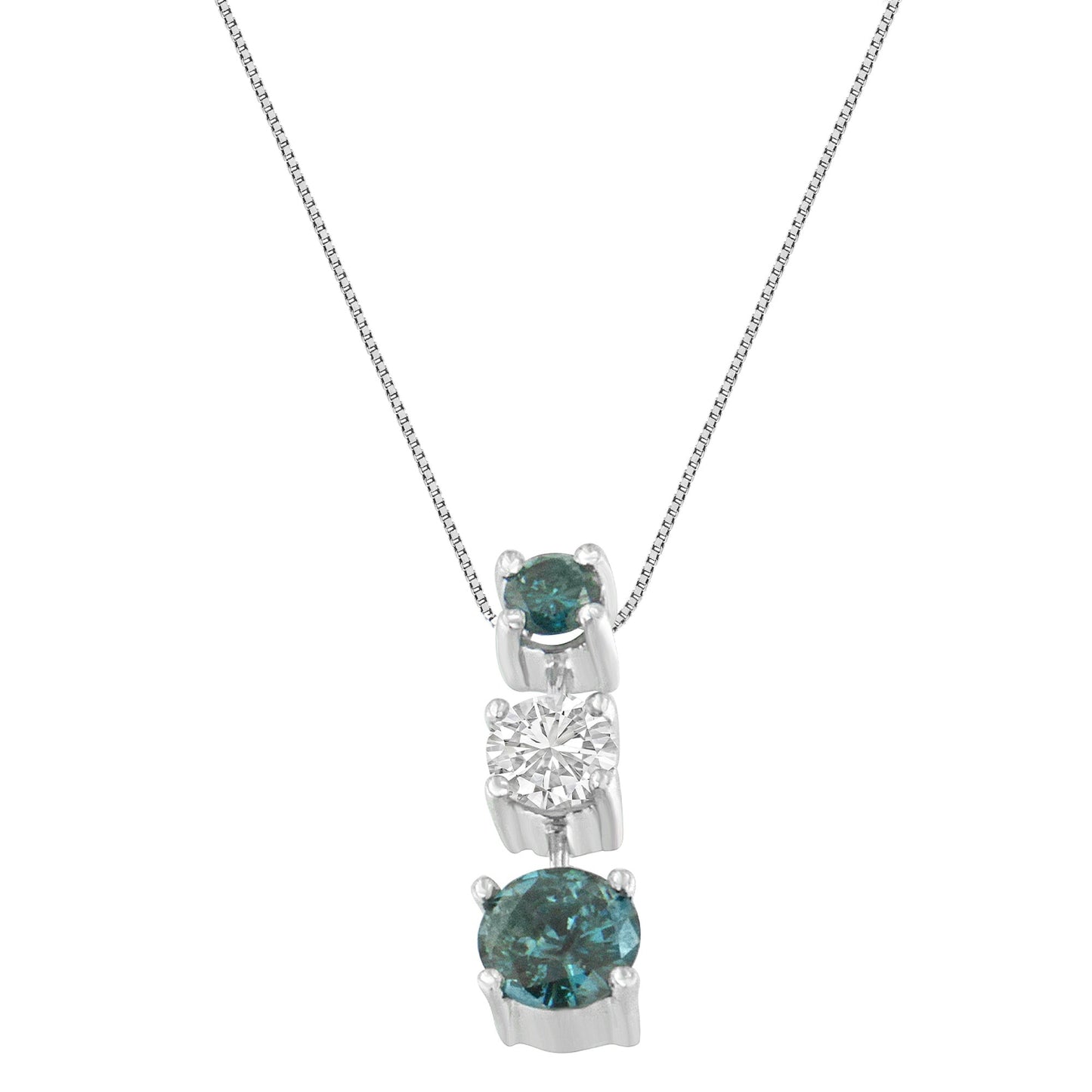 14K White Gold 1 1/2 Cttw Treated Blue and White Diamond 3-Stone 18" Pendant Necklace (Blue/H-I Color, I1-I2 Clarity)
