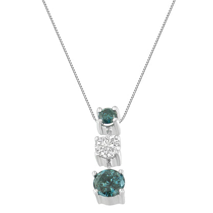 14K White Gold 1 1/2 Cttw Treated Blue and White Diamond 3-Stone 18" Pendant Necklace (Blue/H-I Color, I1-I2 Clarity)