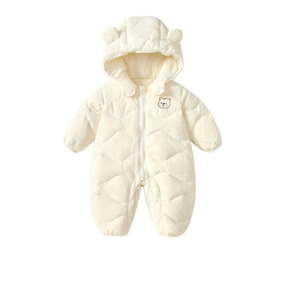 Baby Solid Color Cartoon Print Hooded Down Jumpsuit