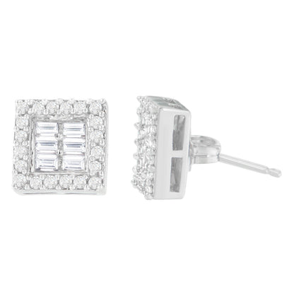 14K White Gold 1 cttw Round and Baguette Diamond Stud Earrings (H-I, SI1-SI2)