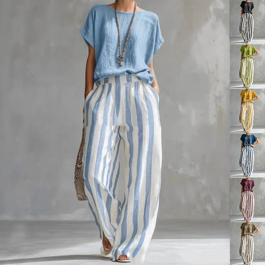 Traje de pantalón de manga corta, moda de verano, camiseta pulóver de cuello redondo y pantalón de pierna recta con estampado de rayas, conjunto de dos piezas para mujer