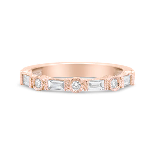 Alliance de mariée en or rose 14 carats avec diamants taille baguette et ronds 0,37 carat (couleur H-I, clarté VS1-VS2) - Taille 6.75