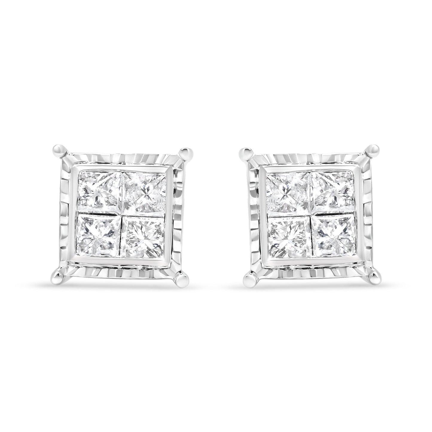 14K White Gold 1 1/2 Cttw Invisible Set Princess-Cut Diamond Contemporary Wavy Quad Stud Earrings (I-J Color, I1-I2 Clarity)
