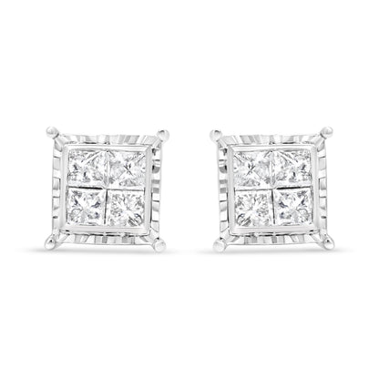 14K White Gold 1 1/2 Cttw Invisible Set Princess-Cut Diamond Contemporary Wavy Quad Stud Earrings (I-J Color, I1-I2 Clarity)