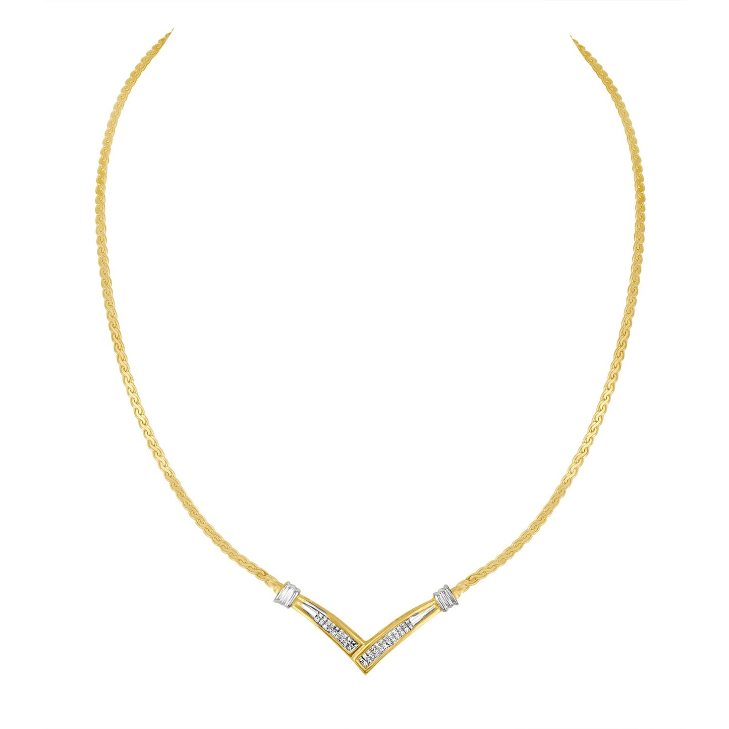 10K Yellow and White Gold 1/2 Cttw Princess Cut Diamond Channel-Set â€œVâ€ Shape 18" Franco Chain Necklace (H-I Color, SI2-I1 Clarity)
