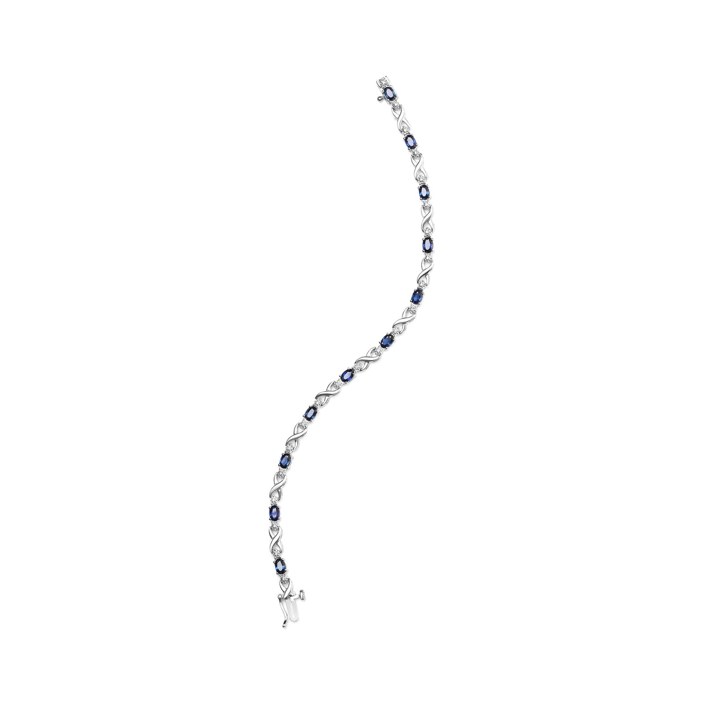 10K White Gold 5x4mm Oval Sapphire Gemstone and 1/10 Cttw Diamond Prong Set "X" Link Bracelet - Size 7" (H-I Color, SI1-SI2 Clarity)