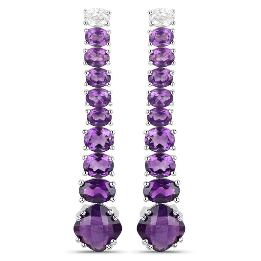 Boucles d'oreilles en argent sterling .925 plaqué or blanc 18K avec améthyste véritable de 7,58 carats et topaze blanche