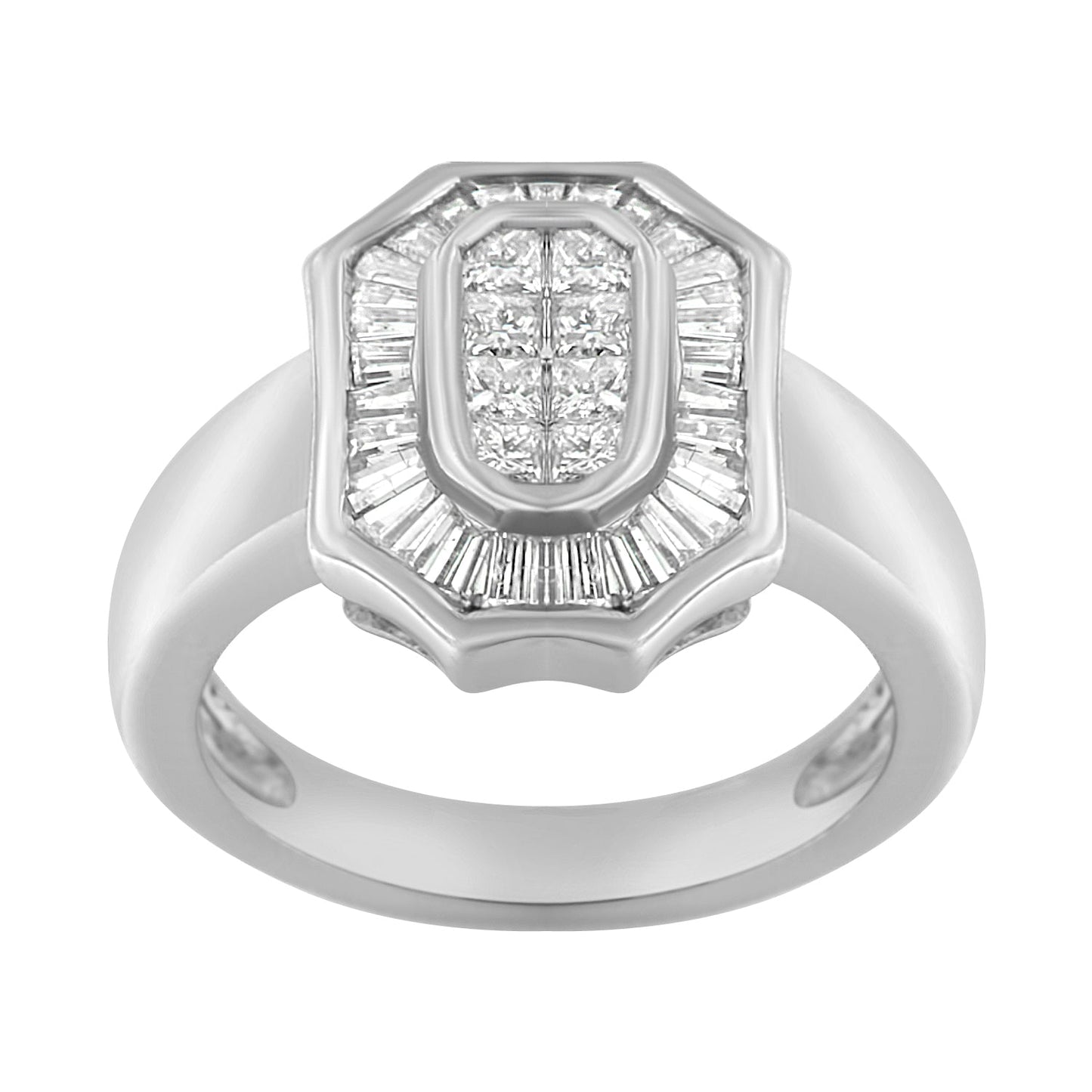 14K White Gold 1.00 Cttw Baguette and Princess-Cut Diamond Cocktail Art Deco Style Ring (H-I Color, SI1-SI2 Clarity) - Size 7