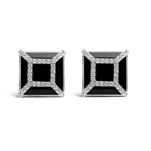 Boucles d'oreilles clous en or blanc 14K, diamant 0,375 carat et onyx noir 11x11 mm (couleur G-H, pureté SI1-SI2)