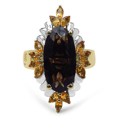 14K Yellow Gold Plated 7.07 Carat Genuine Smoky Quartz, Citrine & White Diamond .925 Sterling Silver Ring