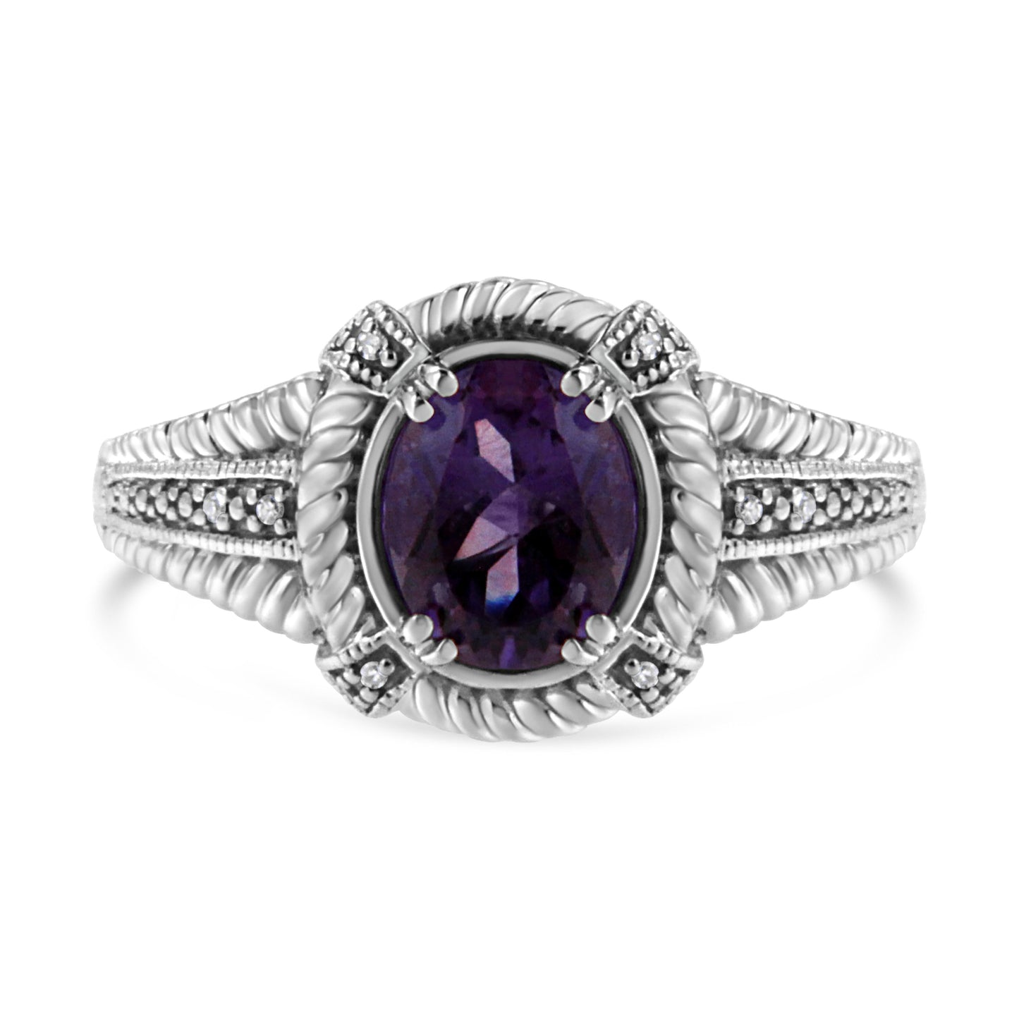 .925 Sterling Silver Prong Set Natural Oval Shape 9X7 MM Purple Amethyst Solitaire and Diamond Accent Ring (I-J Color, I1-I2 Clarity) - Ring Size 7