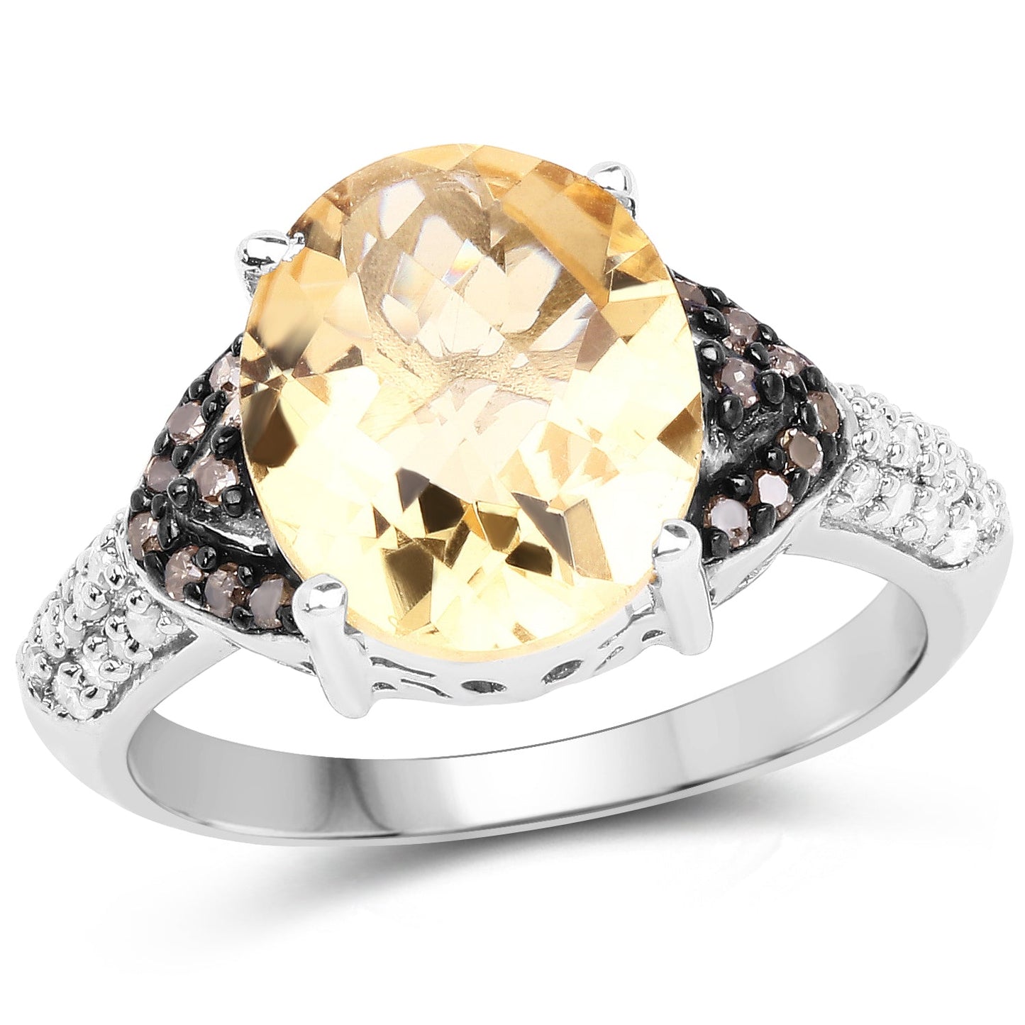 4.65 Carat Genuine Citrine, Champagne Diamond & White Diamond .925 Sterling Silver Ring