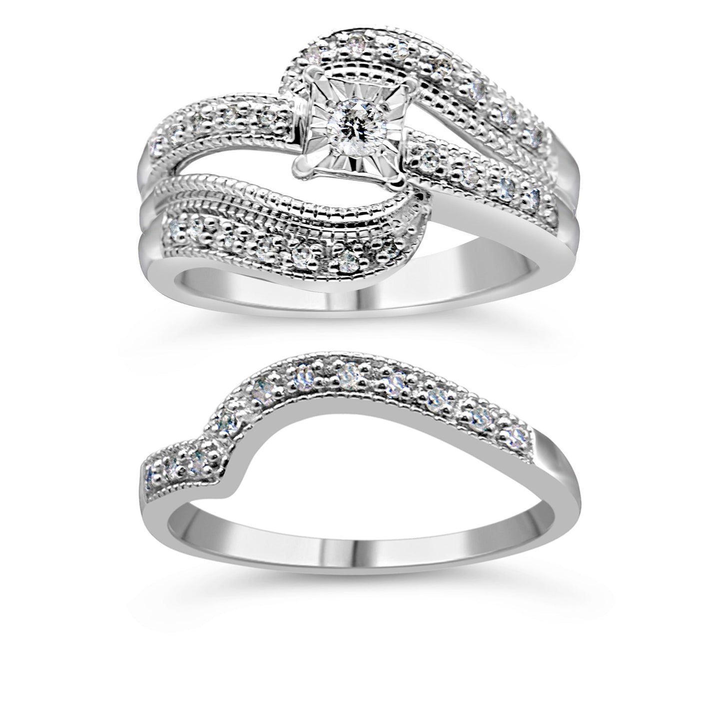 .925 Sterling Silver 1/3 Cttw Round Diamond Crisscross Engagement Ring Bridal Set (H-I Color, I1-I2 Clarity ) - Size 7