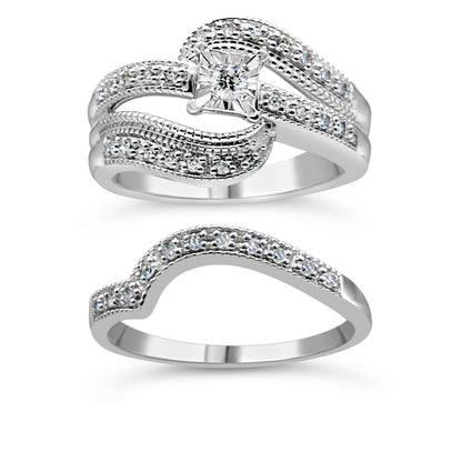 .925 Sterling Silver 1/3 Cttw Round Diamond Crisscross Engagement Ring Bridal Set (H-I Color, I1-I2 Clarity ) - Size 7