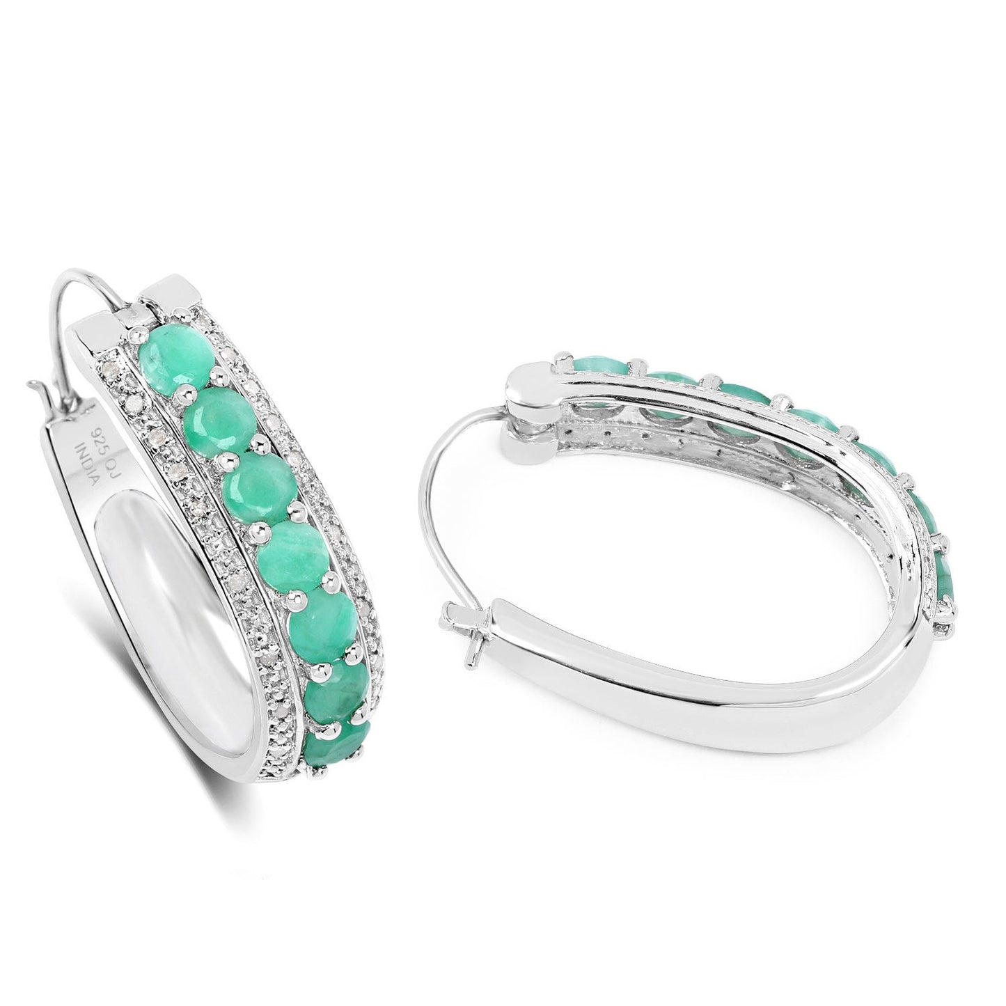 3.42 Carat Genuine Emerald and White Diamond .925 Sterling Silver Earrings