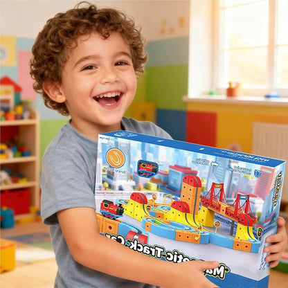 66PCS Magnetic Train Set Electric Train Track for Kids DIY Race Car Track with Train and Traffic Signs USB Rechargeable Gravity Defying Car Toy STEM Building Toys New Year Gift
