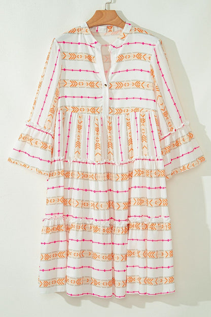 Printed Ruffled Notched Loose Dress