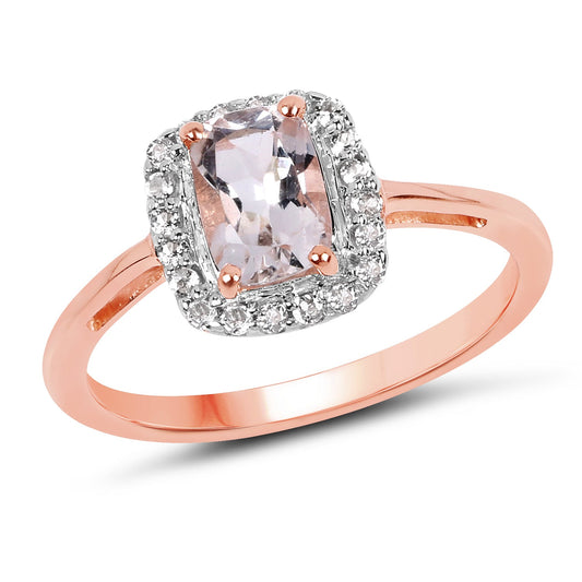 Bague en argent sterling 925 plaqué or rose 14 carats avec morganite véritable de 1,05 carat et topaze blanche