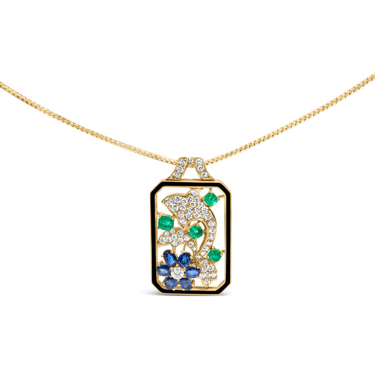 Pendentif/broche convertible en or jaune 18K avec silhouette de dauphin, diamant, saphir et émeraude, 2,33 carats, chaîne de 45 cm (couleur G-H, pureté SI1-SI2)