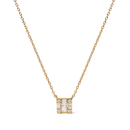 10K Yellow Gold 1/10 Cttw Round and Baguette Diamond Mosaic Composite Square 18" Inch Pendant Necklace (H-I Color, I1-I2 Clarity)