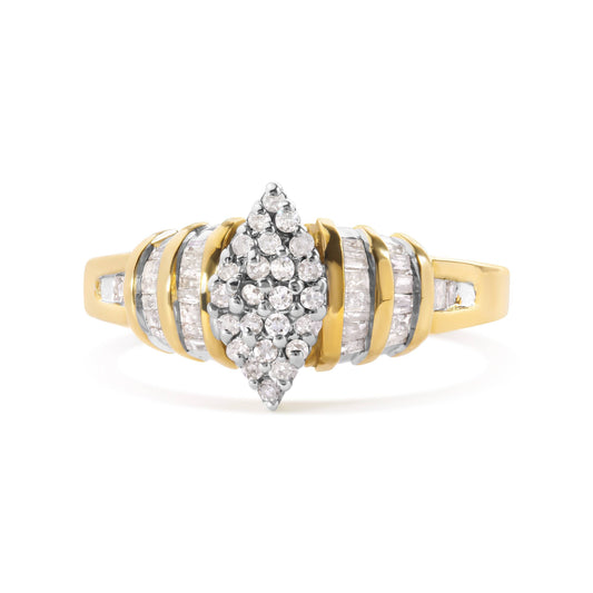 Bague en or jaune 10 carats avec tête de poire en diamant de 1/2 carat total et anneau serti sur plusieurs rangs (couleur H-I, clarté SI2-I1) - Taille 7