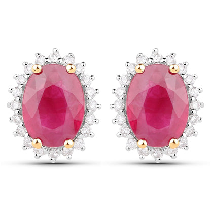 3.14 Carat Genuine Ruby and White Diamond 14K Yellow Gold Earrings