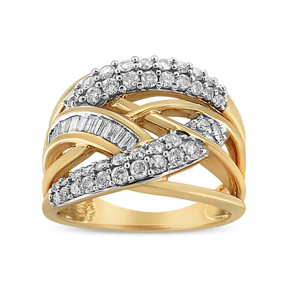 10K Yellow and White Gold 1.0 Cttw Round and Baguette-Cut Diamond Multirow Interwoven Cocktail Ring (I-J Color, I2-I3 Quality) - Size 7