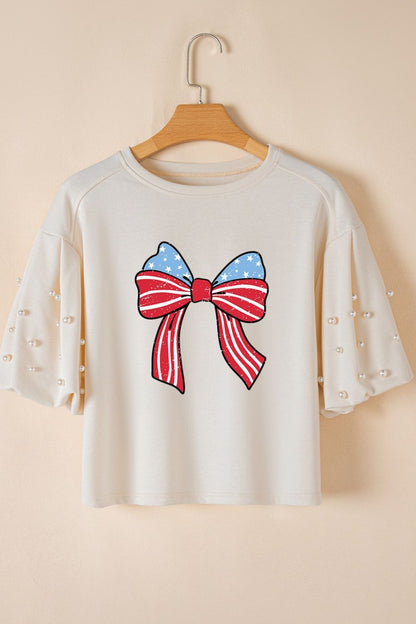 Bowknot Graphic Pearl Puff Half Sleeve T Shirt