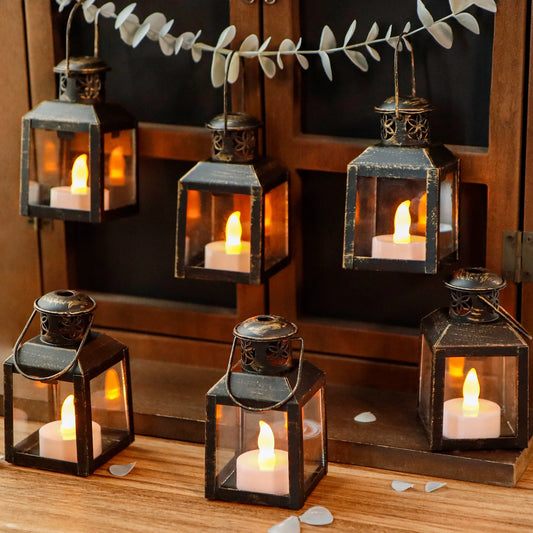 6 Pcs Small Metal Candle Lanterns Vintage Hanging House Tealight Lantern