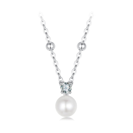 925 Sterling Silver Moissanite and Freshwater Pearl Necklace 40+5cm for Women