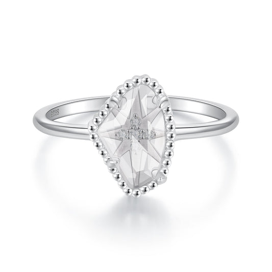 925 Sterling Silver Ring with Transparent Glass and CZ, 0.15cm Width, for Women