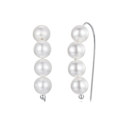 925 Sterling Silver White Gold Plated Earrings with Quality Shell Pearl, 2.1*0.5cm for Women