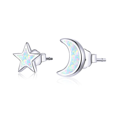 925 Sterling Silver Opal Earrings for Women - Star & Moon Design