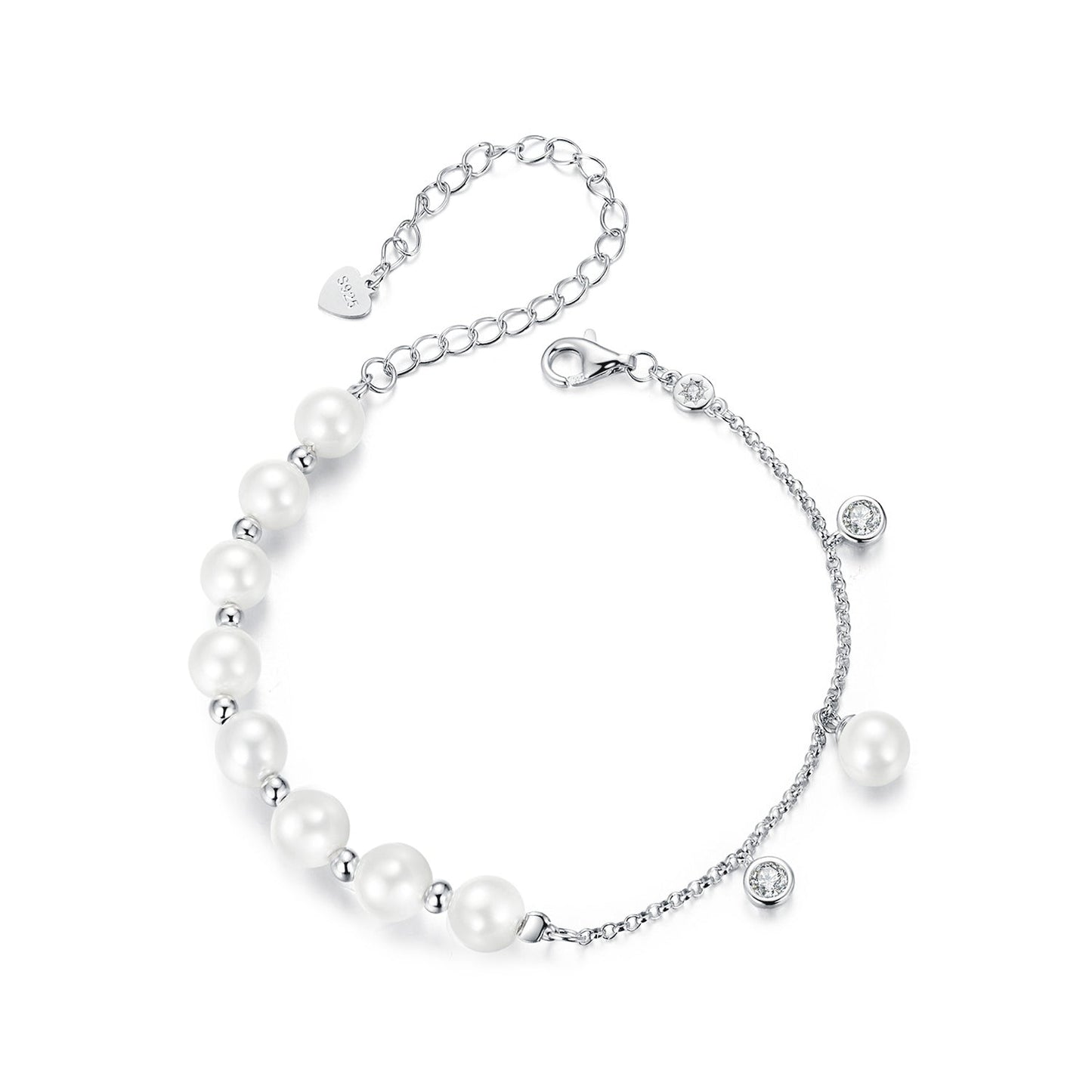 925 Sterling Silver 15+6cm White Gold Plated Bracelet with Quality Shell Pearl & CZ for Women