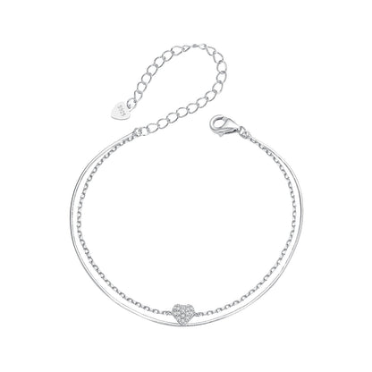 925 Sterling Silver White Gold Plated Heart-Shaped Bracelet with CZ, Length 150+60mm