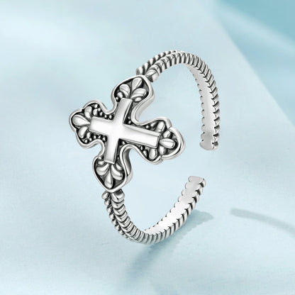 925 Sterling Silver Oxidized Silver 0.18cm Crucifix Adjustable Ring for Women