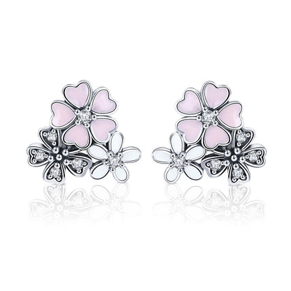 925 Sterling Silver Earrings with Pavé Setting, Oxidized Silver, Enamel - 1.0 x 1.1 cm for Women