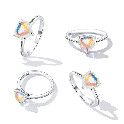 925 Sterling Silver Oxidized Silver Ring with Transparent Glass - Size 7.0 for Women