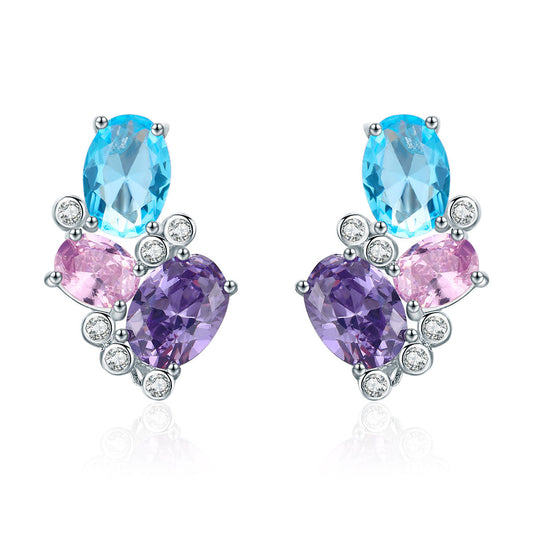 925 Sterling Silver Earrings with Transparent Glass, 1.6*1.1cm for Women