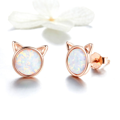 925 Sterling Silver Plated Rose Gold Opal Earrings 0.8cm for Women
