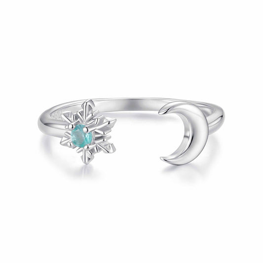 925 Sterling Silver Ring with Glass Snowflakes and Moon for Women