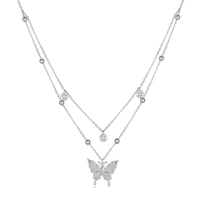 925 Sterling Silver Butterfly Necklace with Pavé Setting CZ, 40cm Length for Women